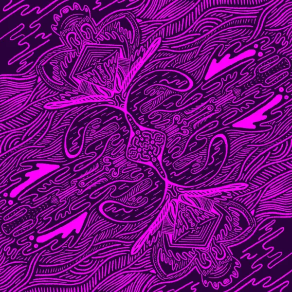 Symmetrical, highly detailed neon pink linework depicts a stylized floral structure over a deep purple background filled with abstract wavy lines.