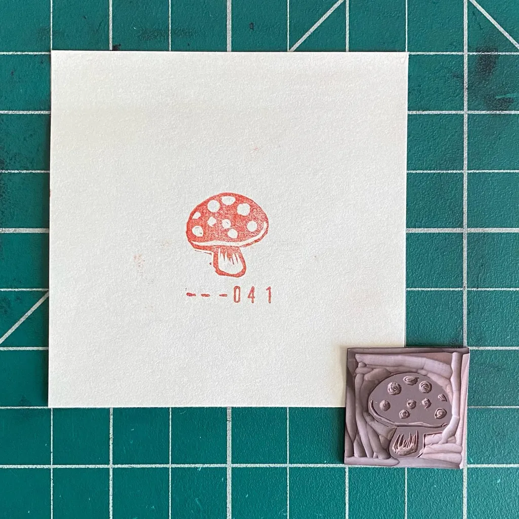 A white card on a teal grid features a red and white spotted mushroom drawing and the number --041, next to a small, square, dusty purple piece with a raised, molded mushroom design.