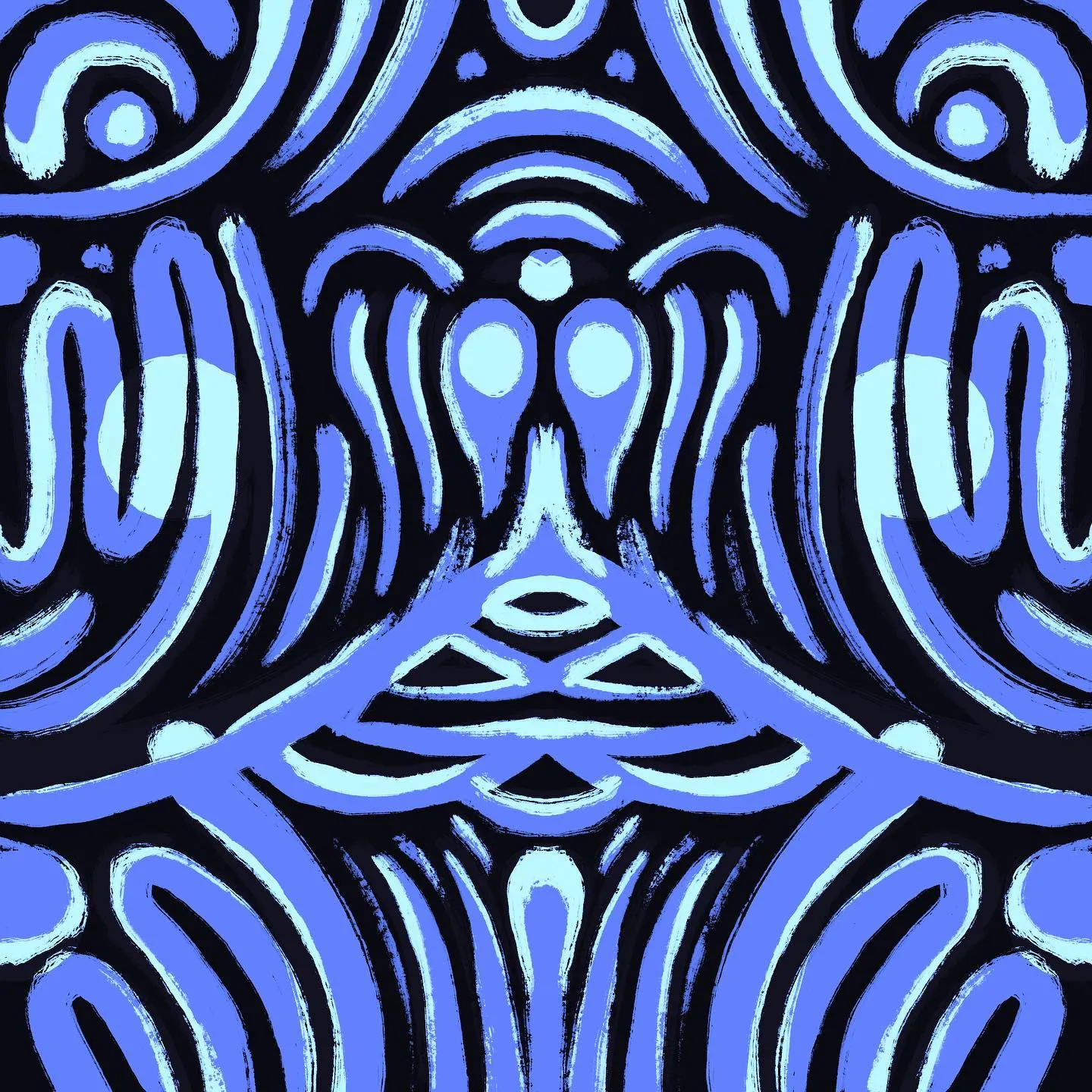 Bold, symmetrical abstract pattern in shades of blue and light blue on a black background, composed of repeating, stylized, curved, and geometric motifs that fill the frame.