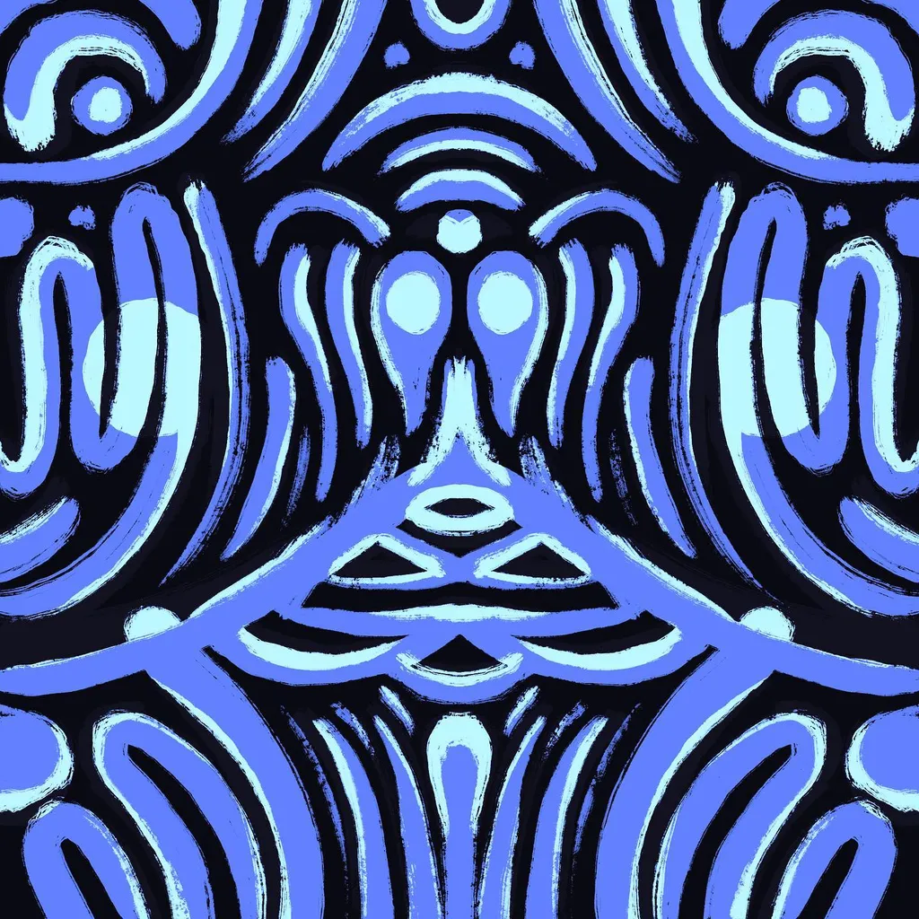 Bold, symmetrical abstract pattern in shades of blue and light blue on a black background, composed of repeating, stylized, curved, and geometric motifs that fill the frame.