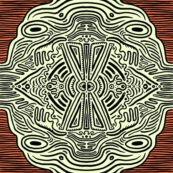 Symmetrical, circular design featuring abstract facial elements and a central diamond pattern, rendered in black lines on a cream background against a solid reddish-orange field.