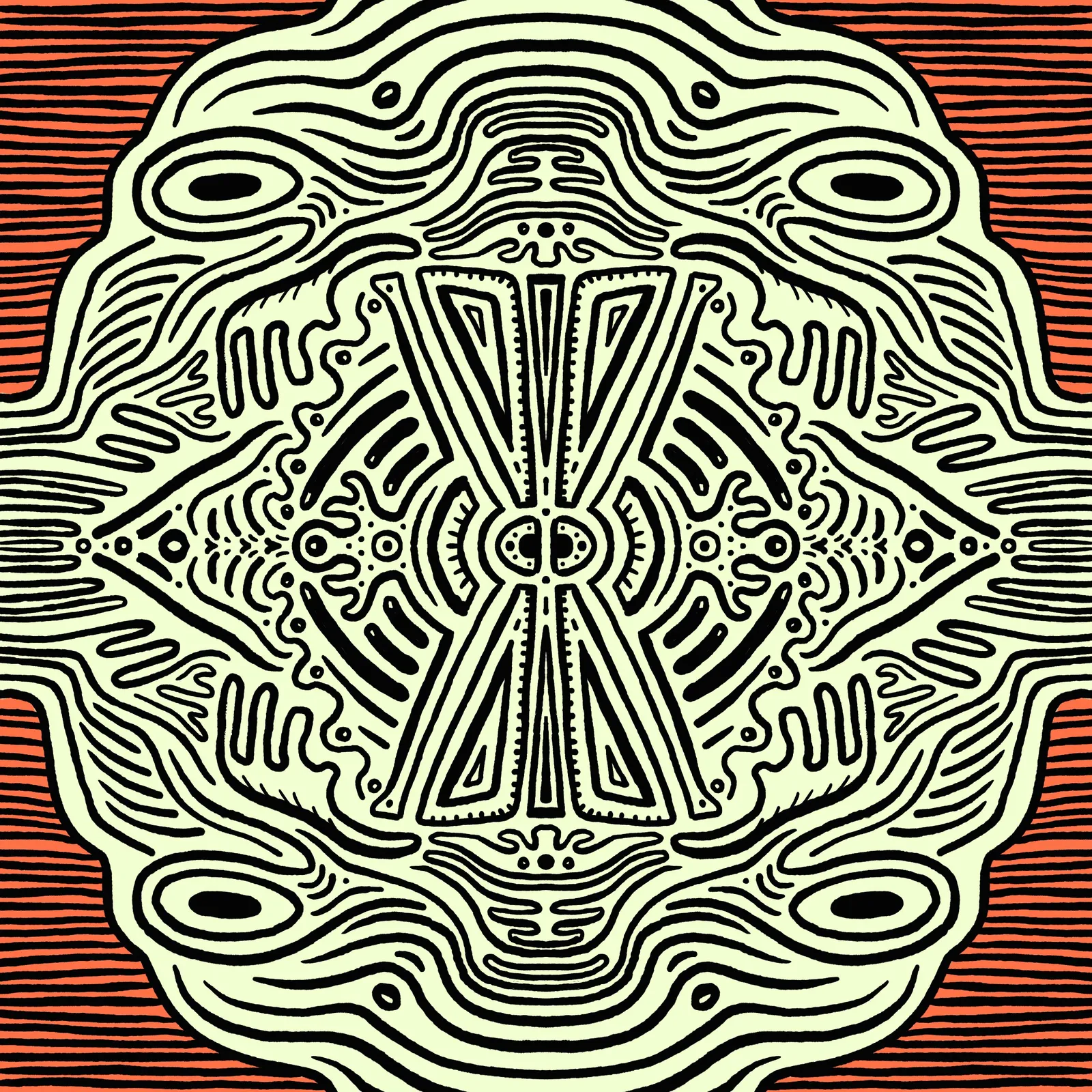 Symmetrical, circular design featuring abstract facial elements and a central diamond pattern, rendered in black lines on a cream background against a solid reddish-orange field.