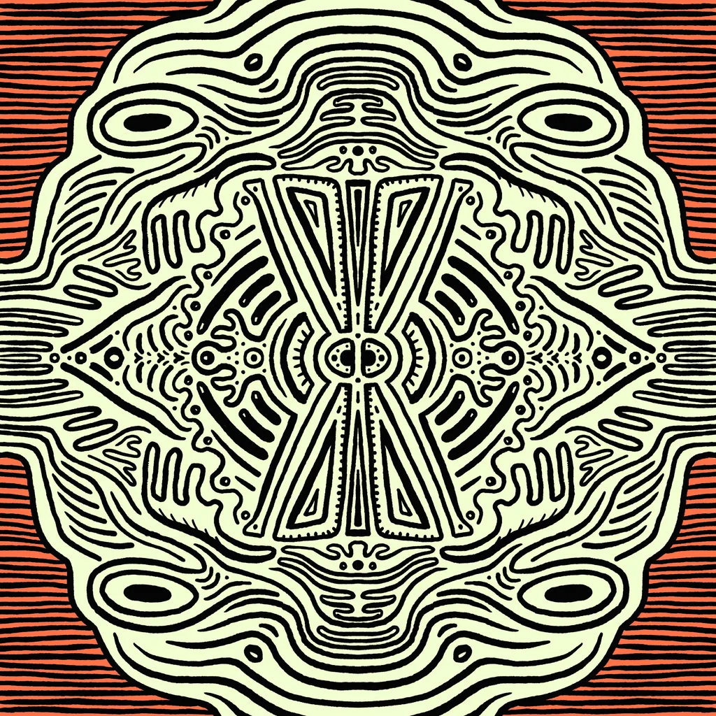Symmetrical, circular design featuring abstract facial elements and a central diamond pattern, rendered in black lines on a cream background against a solid reddish-orange field.