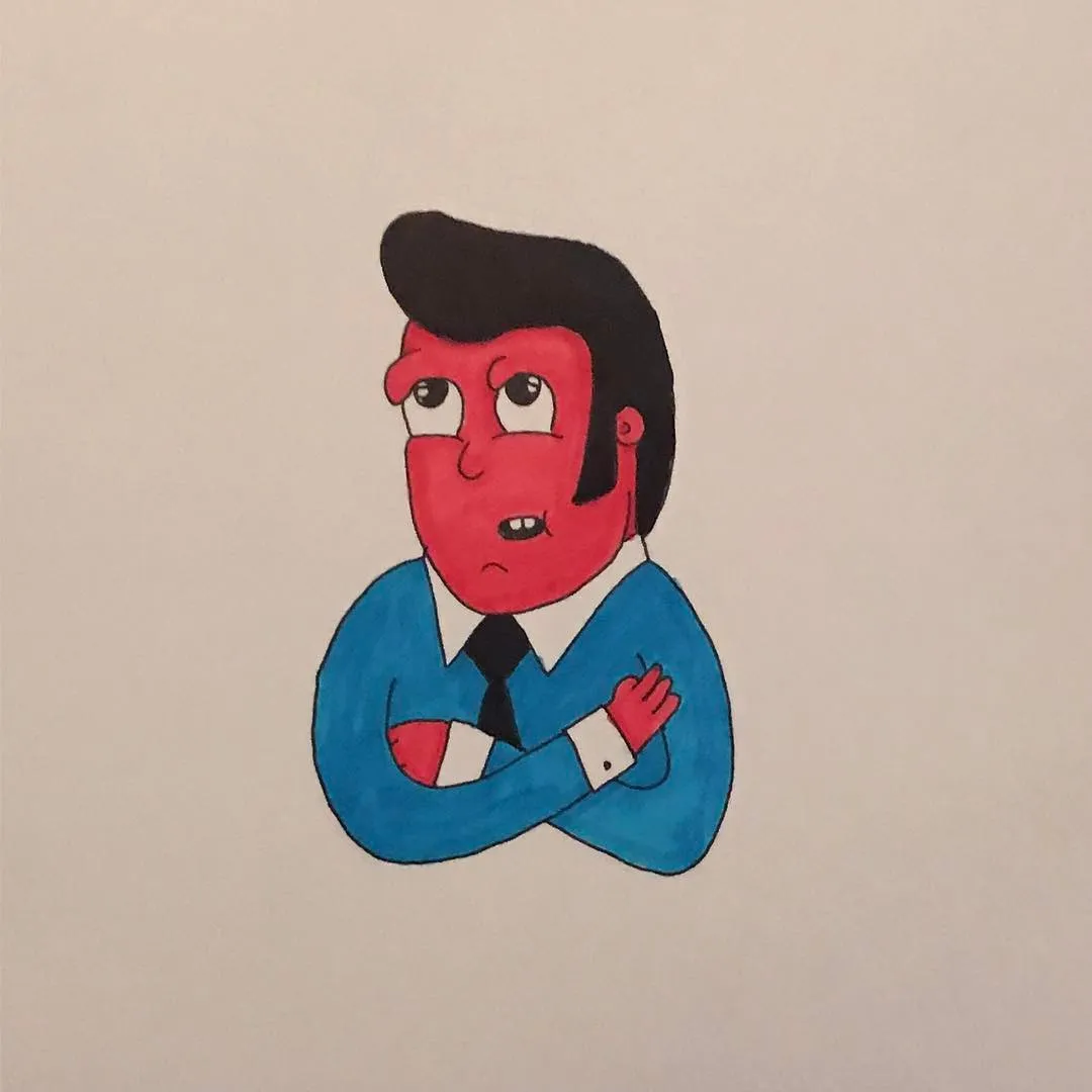 The drawing features a stylized man with black hair and red skin, dressed in a blue shirt and black tie, whose arms are crossed over his chest.