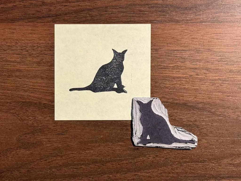 Two black cat silhouettes are displayed on a dark wooden surface: one on a square beige paper, and the other on a rough, light-colored carved piece.