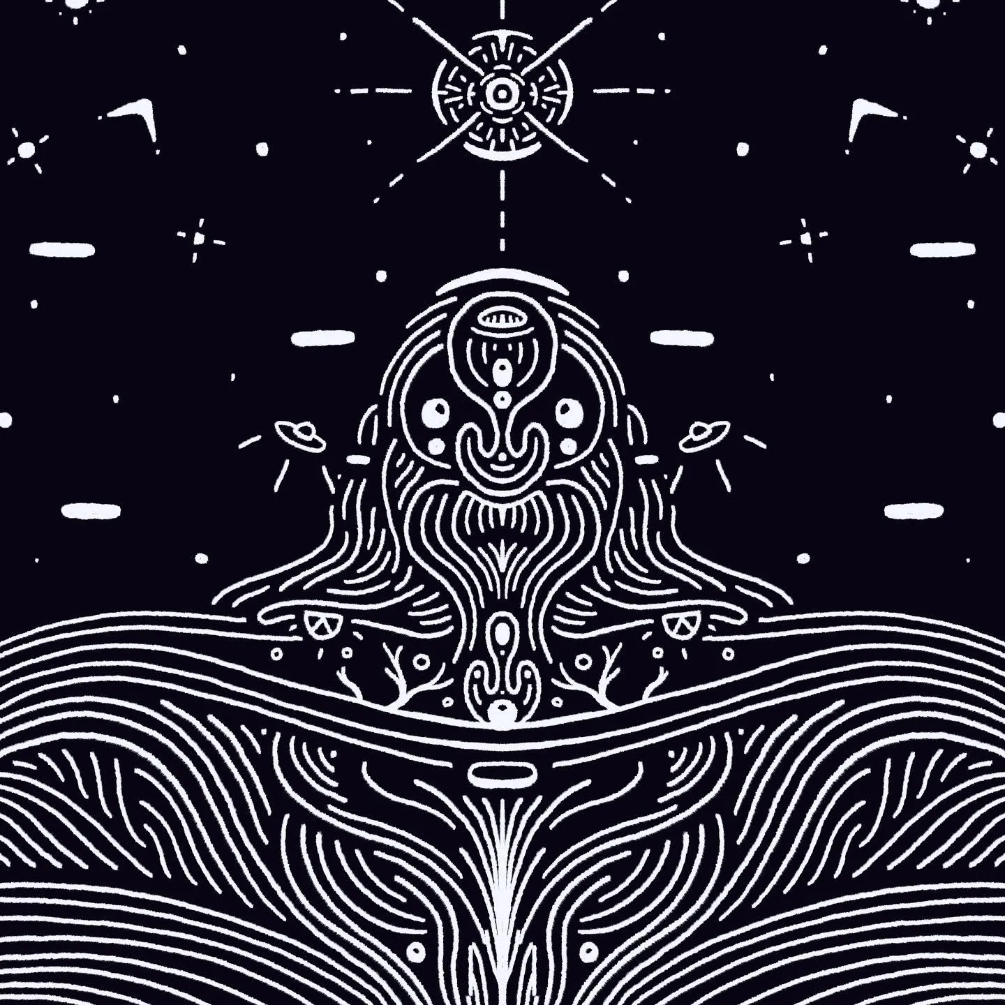 Symmetrical black and white drawing featuring a stylized face with large eyes and flowing hair emerging from wavy lines of water, centered beneath a geometric starburst pattern.