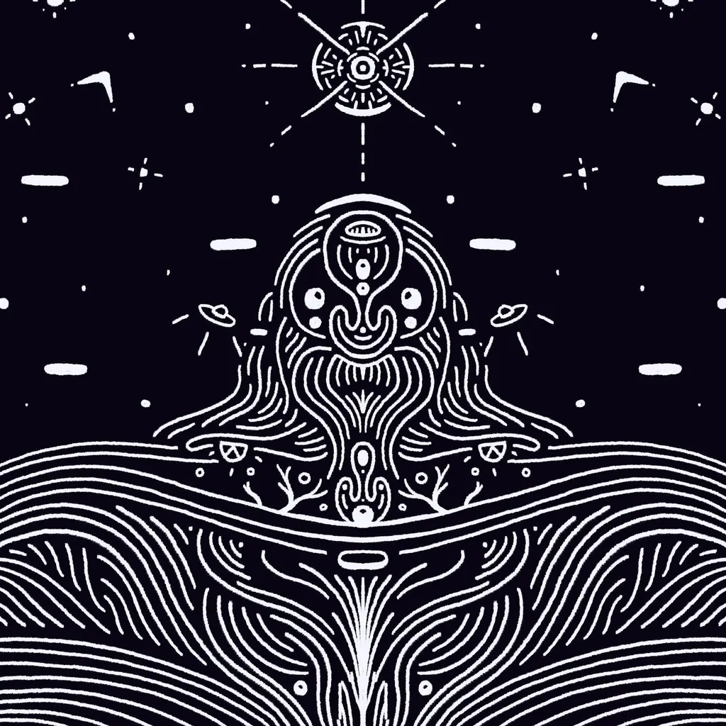 Symmetrical black and white drawing featuring a stylized face with large eyes and flowing hair emerging from wavy lines of water, centered beneath a geometric starburst pattern.
