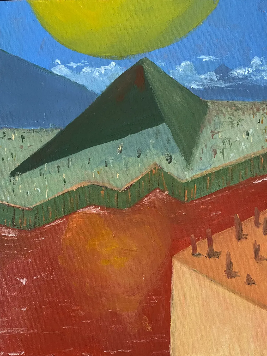 A large dark green triangle dominates the center, set against a blue sky and a bright yellow circle, while the foreground features a deep red curve bordered by a tan structure.