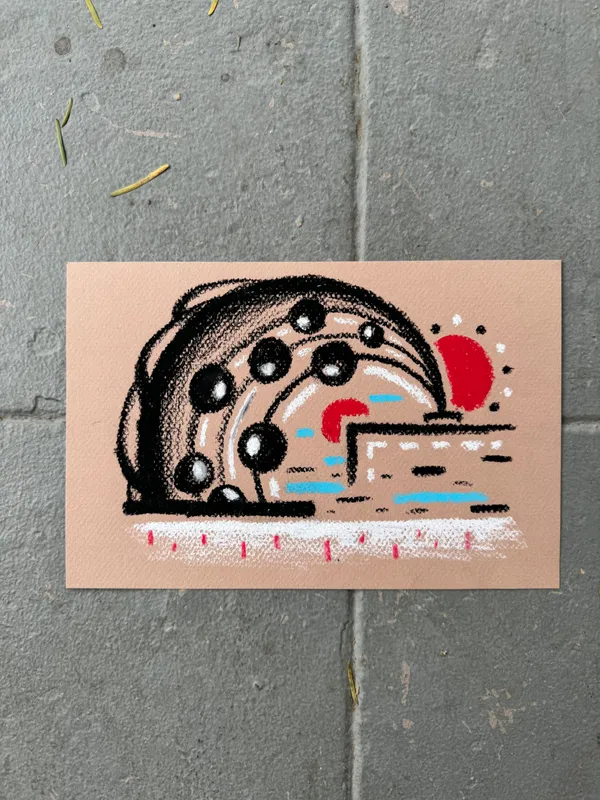A stylized black outline drawing on a light tan background depicts a cross-section of a rounded object containing several dots, horizontal blue lines, and a solid red shape on the right.