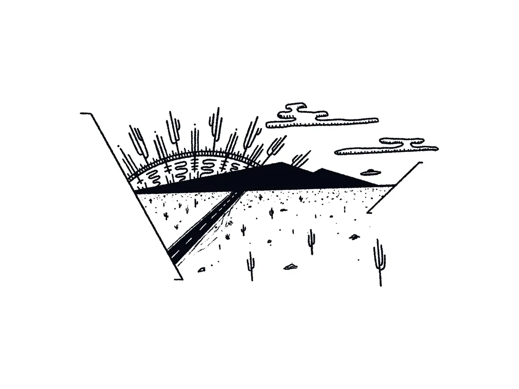 A black ink sketch of a stylized landscape featuring a central dark mound, vertical lines suggesting reeds, and wavy horizontal lines across the upper section.