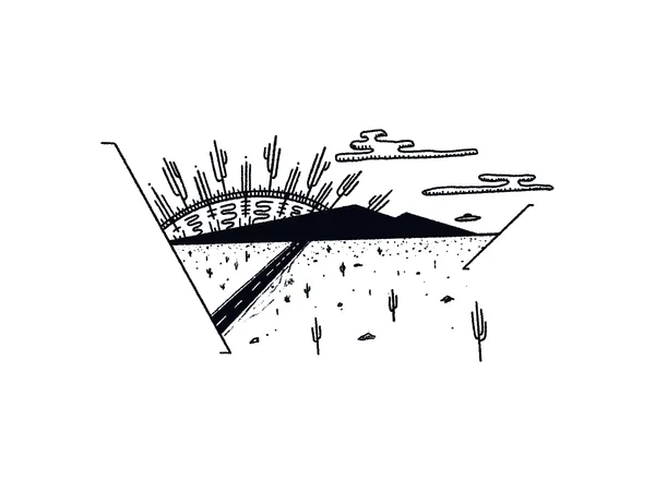 A black ink sketch of a stylized landscape featuring a central dark mound, vertical lines suggesting reeds, and wavy horizontal lines across the upper section.