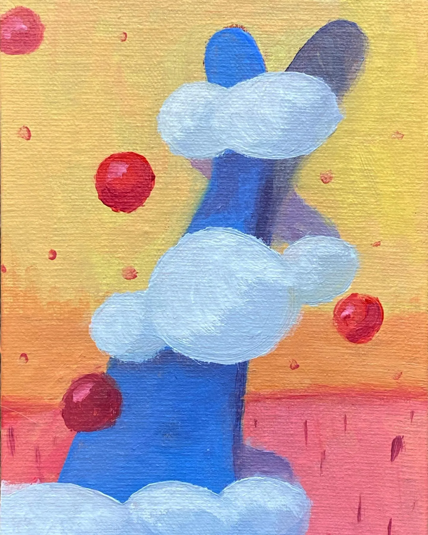 A stylized blue figure composed of cloud shapes stands against a textured yellow-orange-red gradient background, accented by scattered red circles.