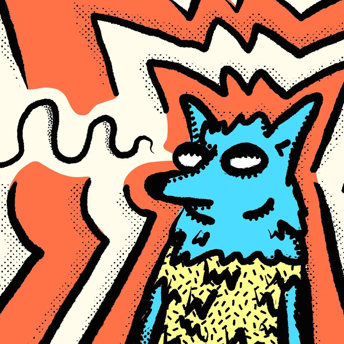 A stylized blue creature with yellow textured fur is framed by angular orange shapes and wavy lines, rendered with heavy black outlines and stippled dot patterns.