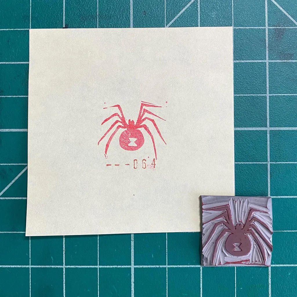On a teal grid, a cream paper displays a red drawing of a spider and the date -- 06 4, next to a small, textured, reddish-brown relief of a spider.