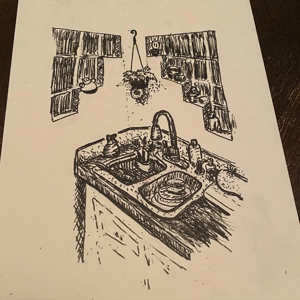 Sketch of a kitchen sink and counter, featuring a faucet, dishes, and small objects, set beneath two rectangular windows in a black and white drawing.
