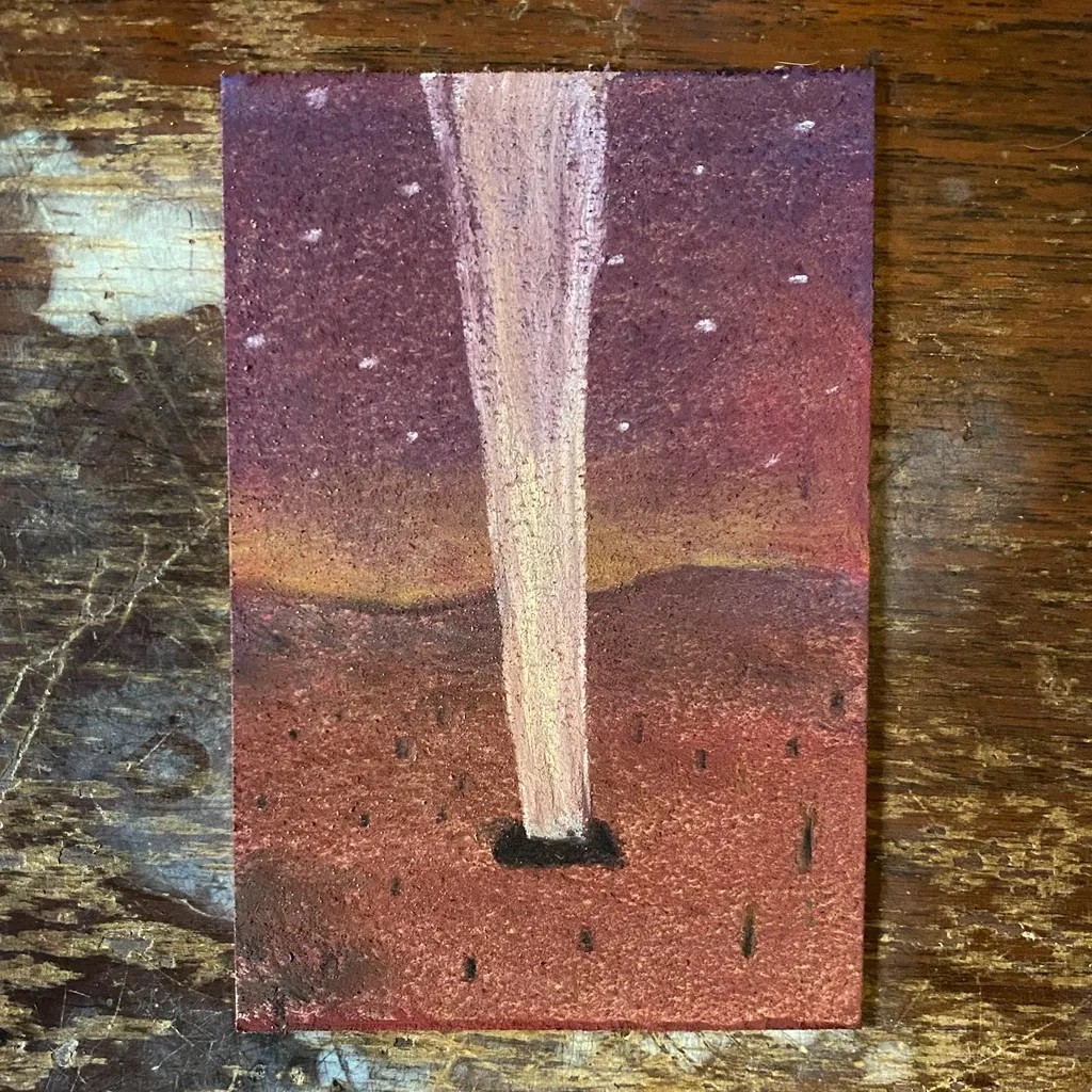 A vertical composition showing a bright, pale column descending through gradients of dark purple and deep red speckles, terminating in a dark circle on a reddish-brown ground.