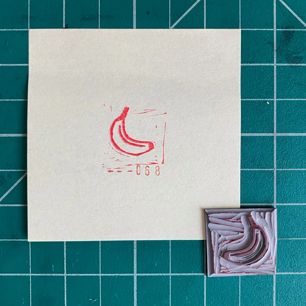 A cream square on a teal grid displays a red drawing of a curved object and the numbers 068, next to a small, textured square featuring swirling layers of pink and white.
