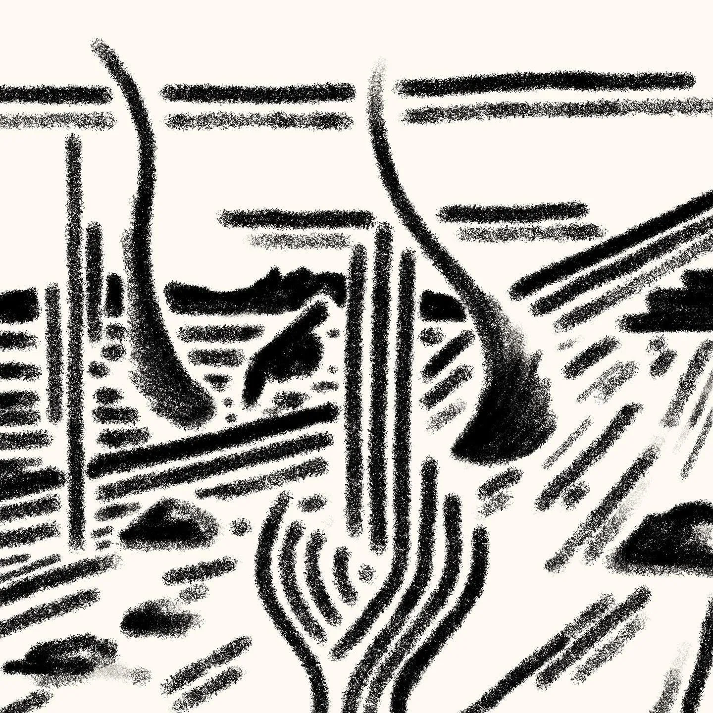 High-contrast black and white abstract drawing of intersecting lines and smudged textures, dominated by three prominent, curved, dark forms across the composition.