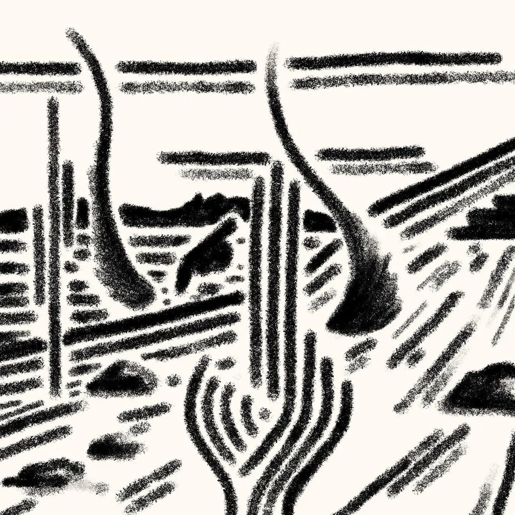 High-contrast black and white abstract drawing of intersecting lines and smudged textures, dominated by three prominent, curved, dark forms across the composition.