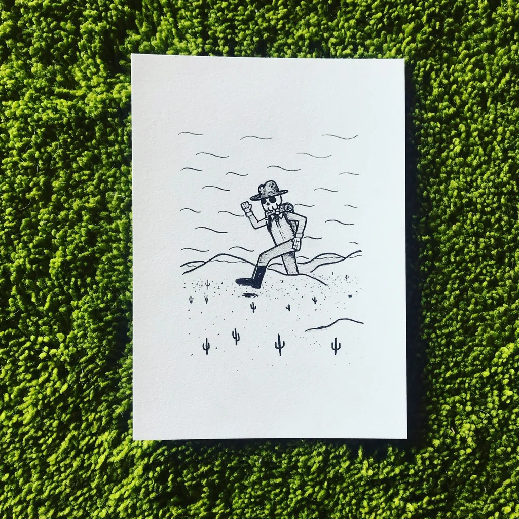 Black line art depicts a man in a hat wading through waves on white paper, which is set against a highly textured bright green background.