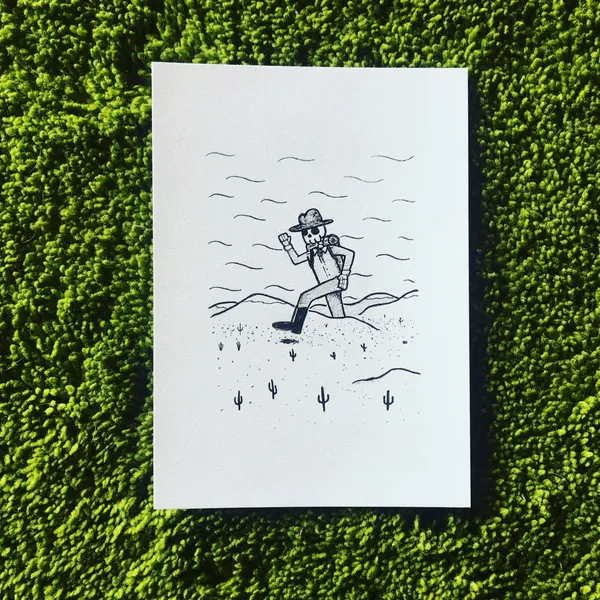 Black line art depicts a man in a hat wading through waves on white paper, which is set against a highly textured bright green background.