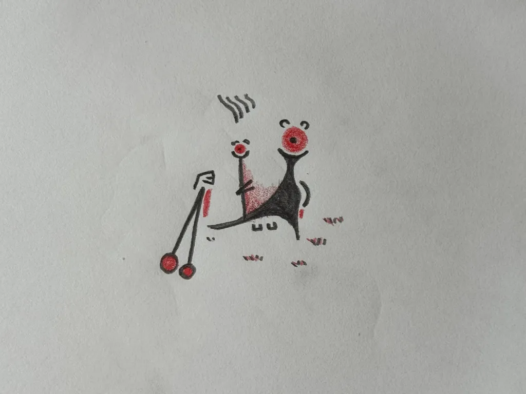a black and red pencil drawing of some red circles, squiggles, and scratches.