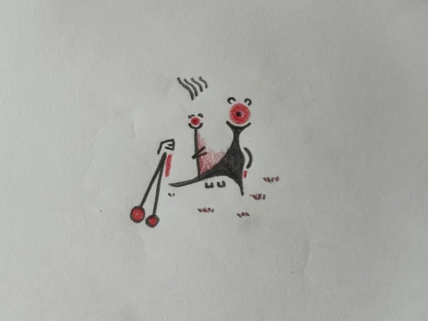 a black and red pencil drawing of some red circles, squiggles, and scratches.