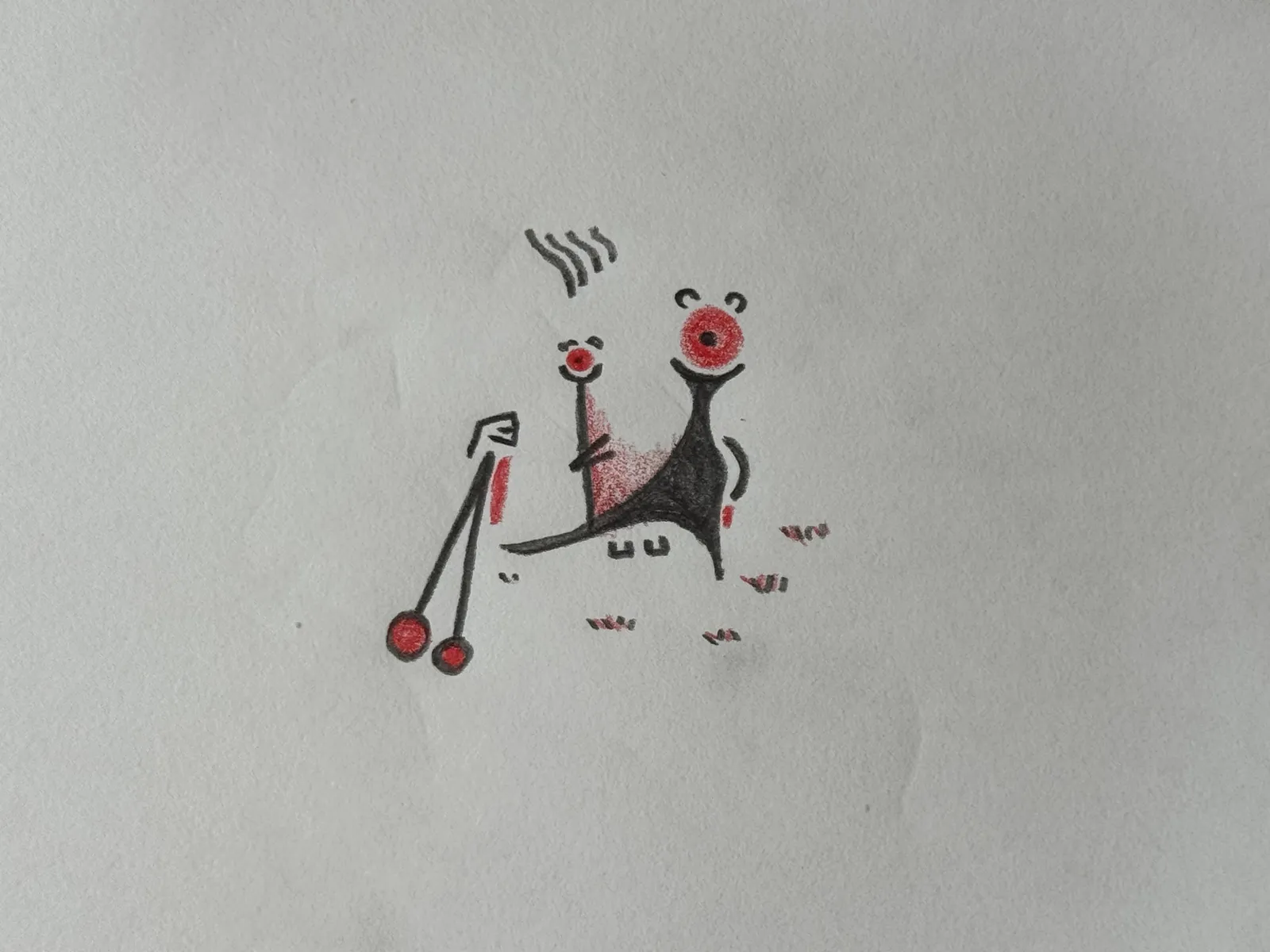 a black and red pencil drawing of some red circles, squiggles, and scratches.