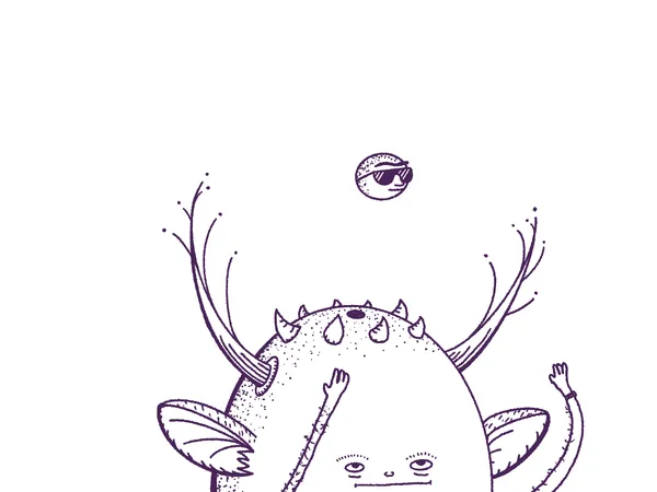 A sketchy black and white illustration of a cartoon crab with spikes and antennae, floating above it is a small, round object wearing sunglasses.