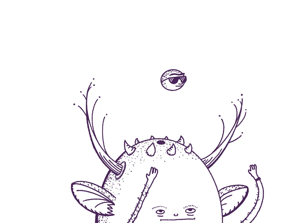 A sketchy black and white illustration of a cartoon crab with spikes and antennae, floating above it is a small, round object wearing sunglasses.