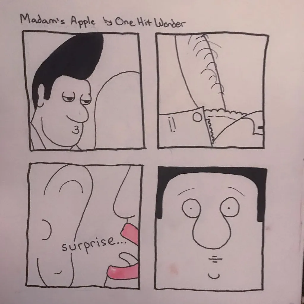 A four-panel comic strip in black ink depicts a man, a stitched wound, a mouth opening with the text surprise..., and a final panel showing a man with wide, surprised eyes.