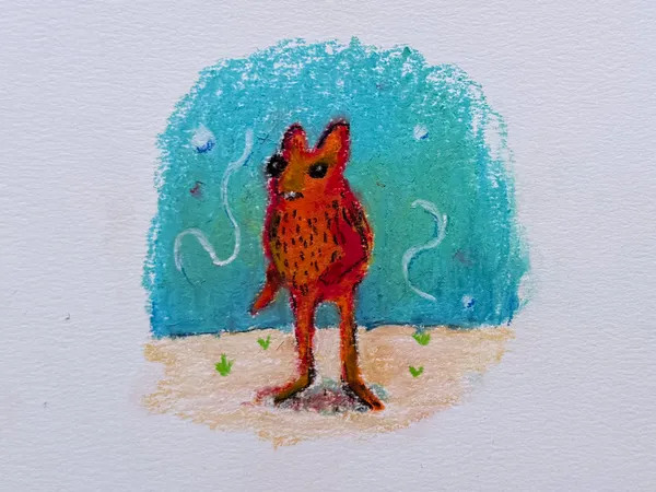 a reddish orange fella in what appears to be circled by some squiggles and orbs. what is going on?