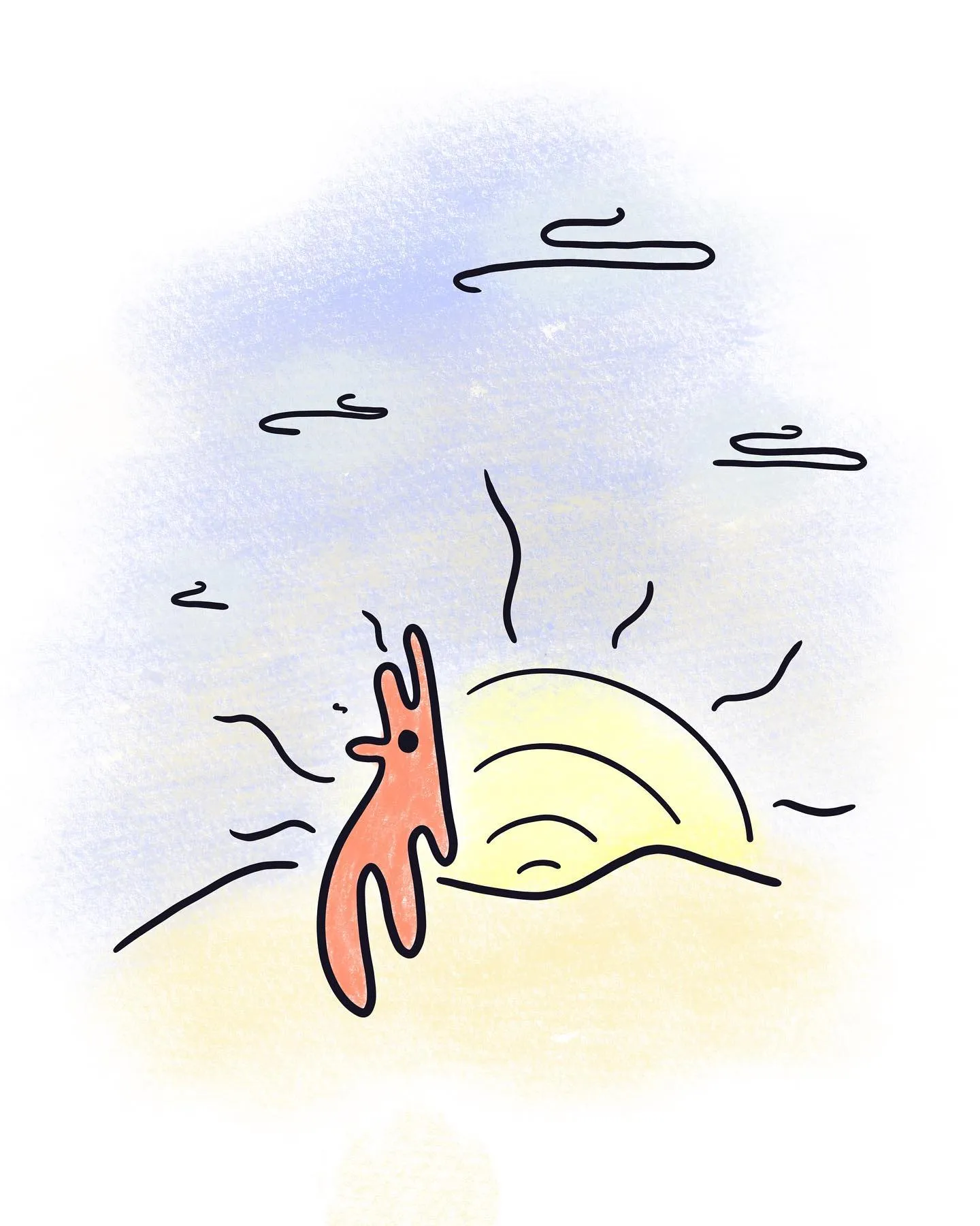 A sketchy drawing of a reddish-orange creature positioned near a yellow sun, set against a background featuring loose lines and soft washes of purple and yellow.