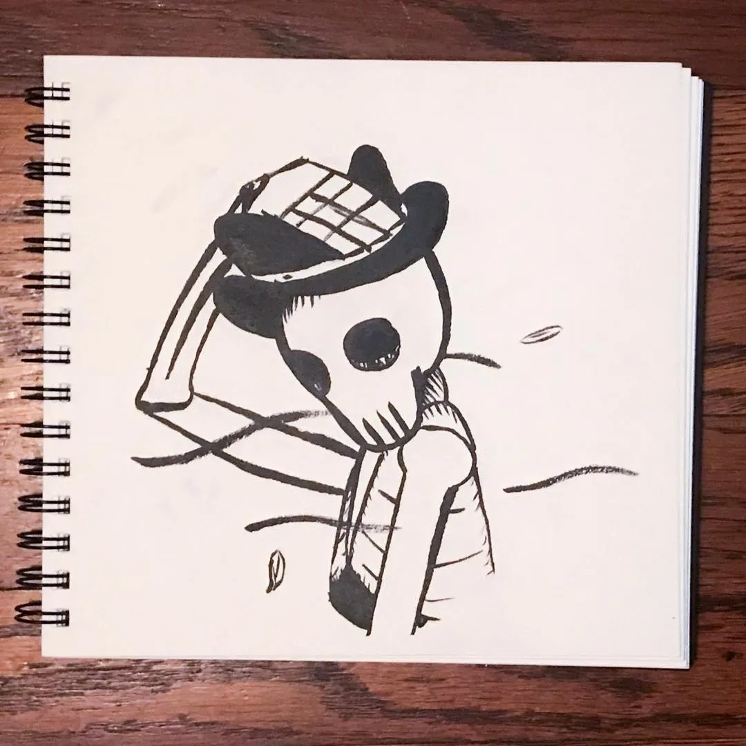 A black and white sketch of a stylized skeleton figure wearing a hat, drawn with sketchy lines on white paper.