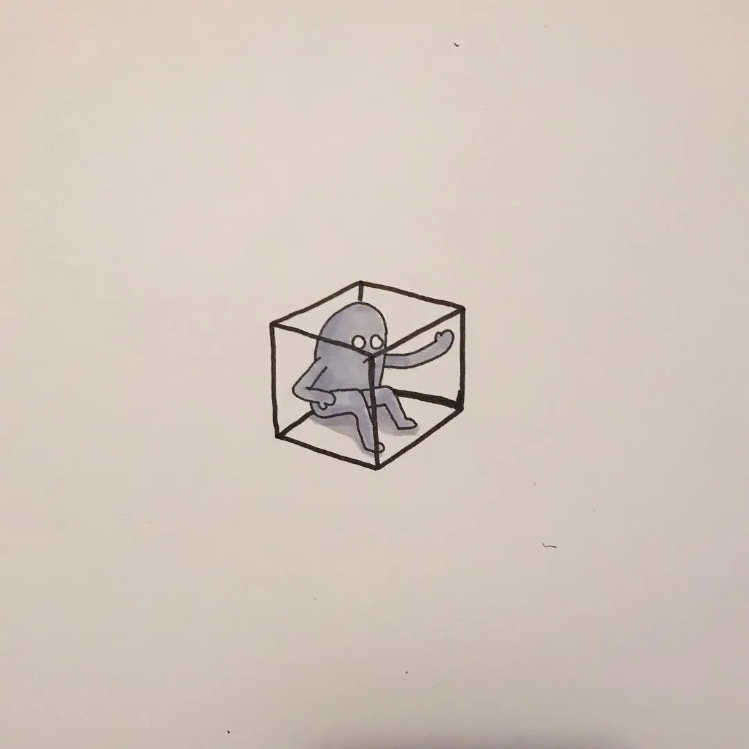 A black line drawing depicts a stylized figure crouching within the outline of a cube, with the figure's arms extended outward.