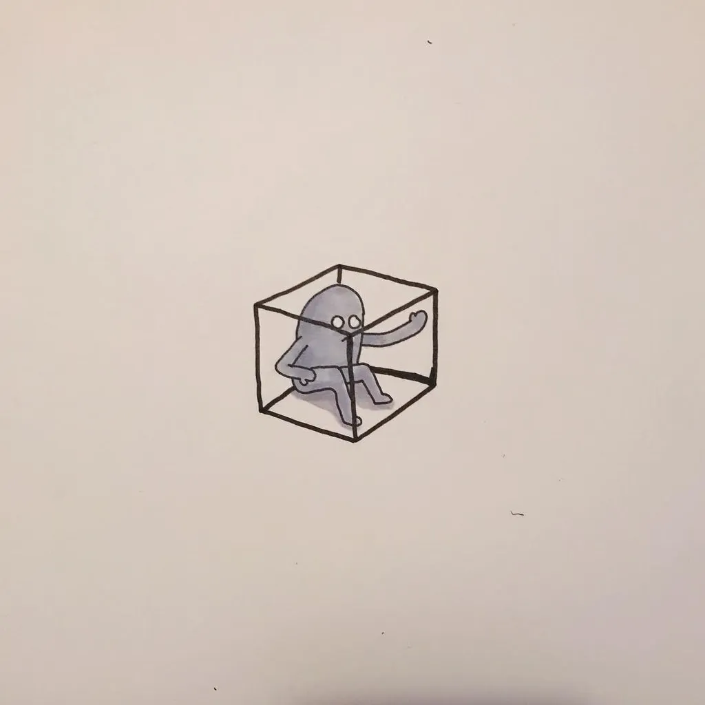A black line drawing depicts a stylized figure crouching within the outline of a cube, with the figure's arms extended outward.