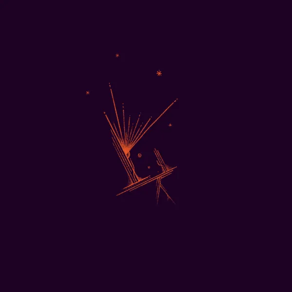 Reddish-orange abstract marks cluster in the lower center against a dark background, featuring radiating lines, small dots, and scattered star-like bursts.