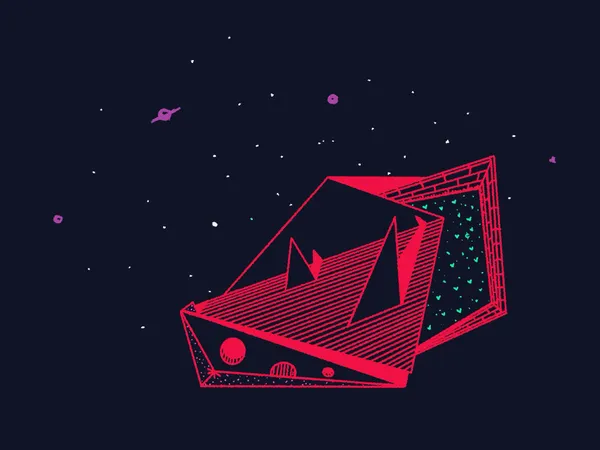 Overlapping red geometric forms with hatched textures are centered on a dark blue background, accompanied by a second red shape featuring a green heart pattern and scattered specks.