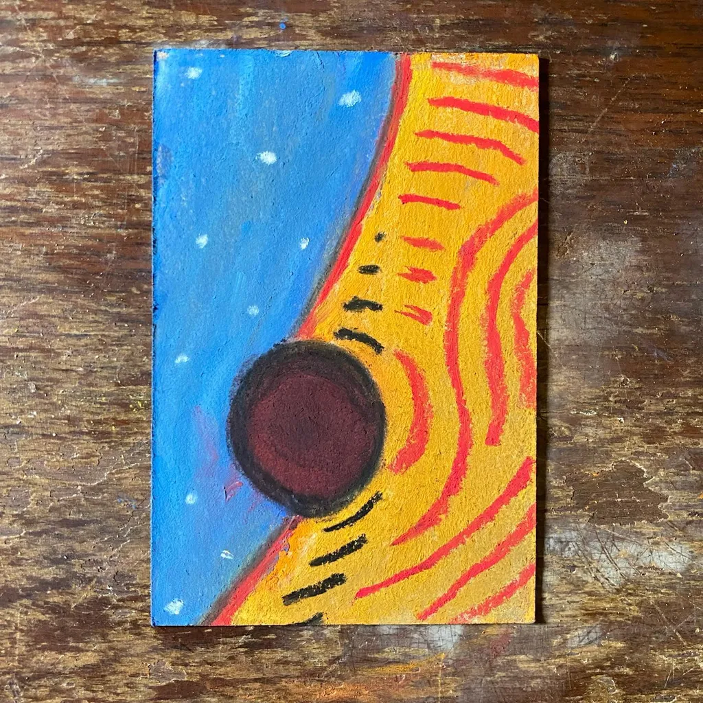 A painting divided diagonally, showing a speckled blue field on the left and a vibrant yellow area with wavy red stripes on the right, separated by a large dark reddish-brown circle.