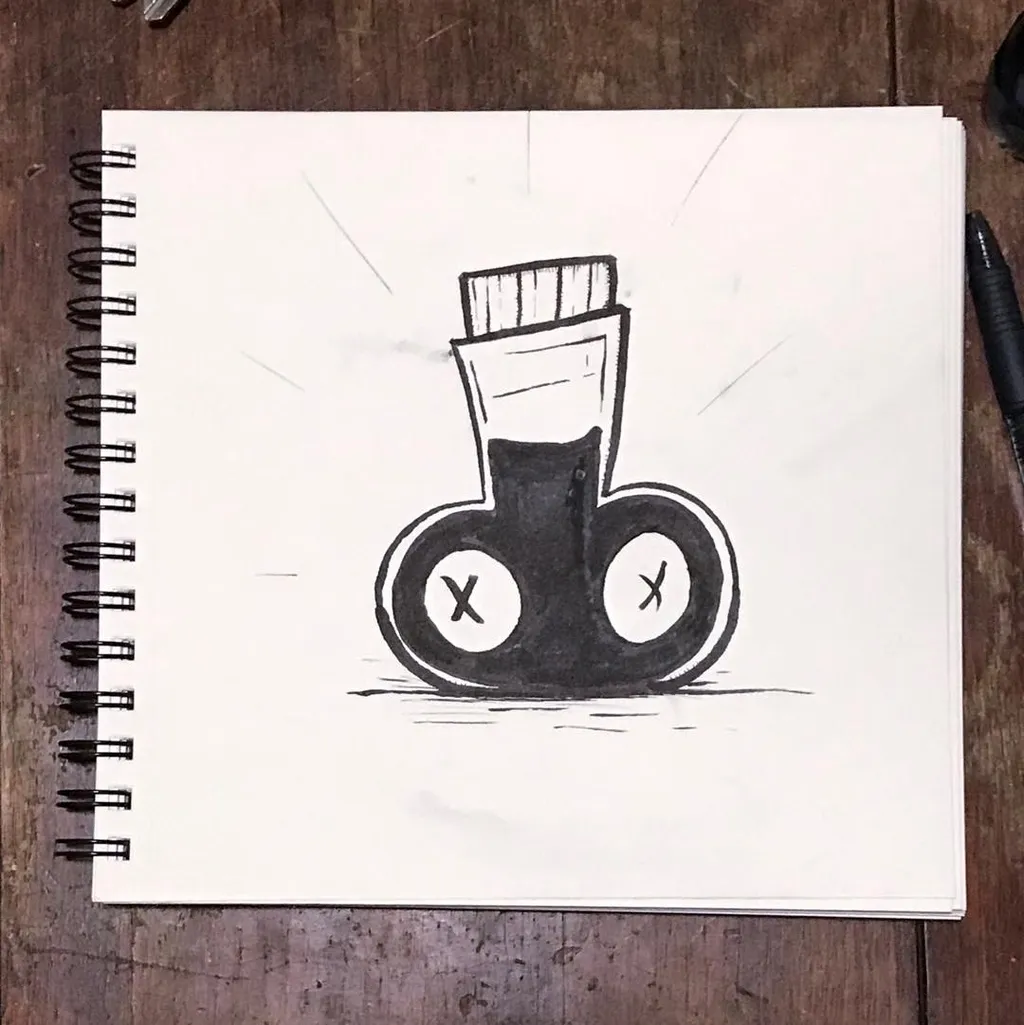 A black ink drawing on white paper depicts a stylized object resembling a shoe or container with two circular openings, and a rectangular element on top.