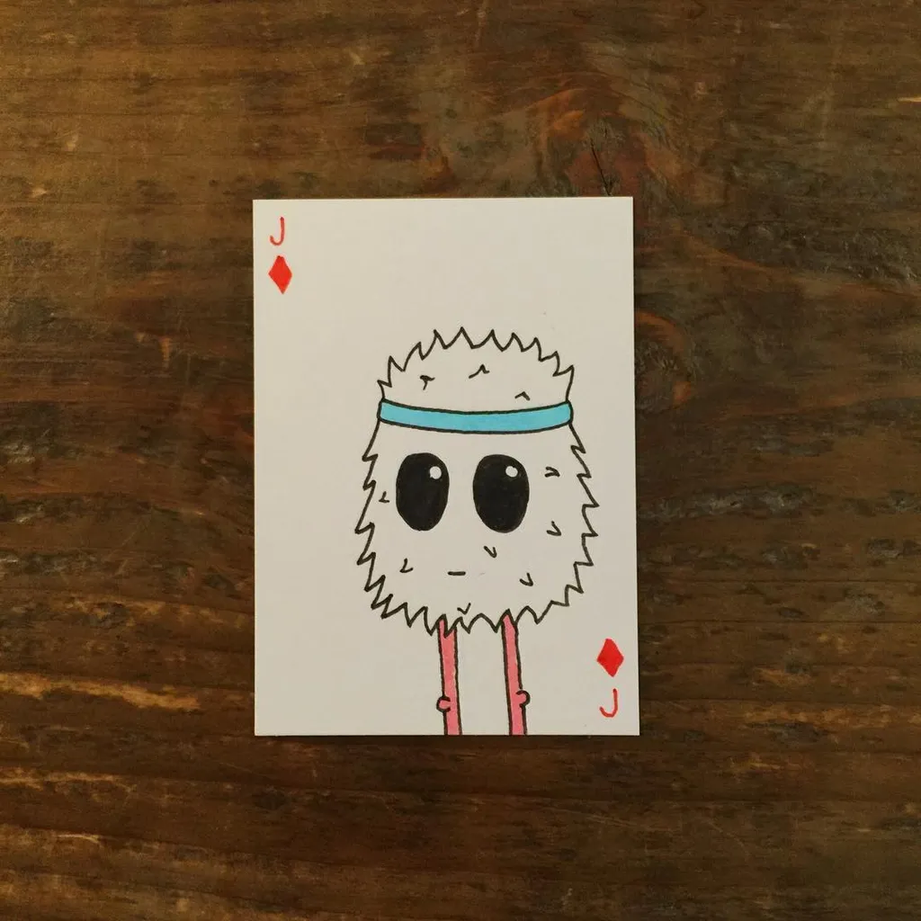 A cartoon drawing of a creature with a blue headband and large eyes is centered on a playing card with red diamond suits, resting on a dark wooden surface.
