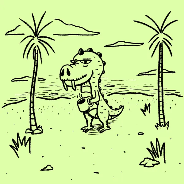 A black line drawing on light green paper depicts a cartoon dinosaur holding a cup while standing on a beach framed by two palm trees and a body of water.