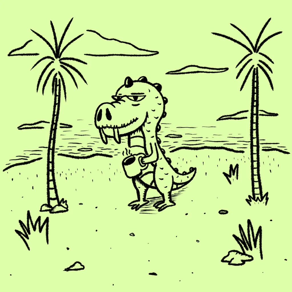 A black line drawing on light green paper depicts a cartoon dinosaur holding a cup while standing on a beach framed by two palm trees and a body of water.