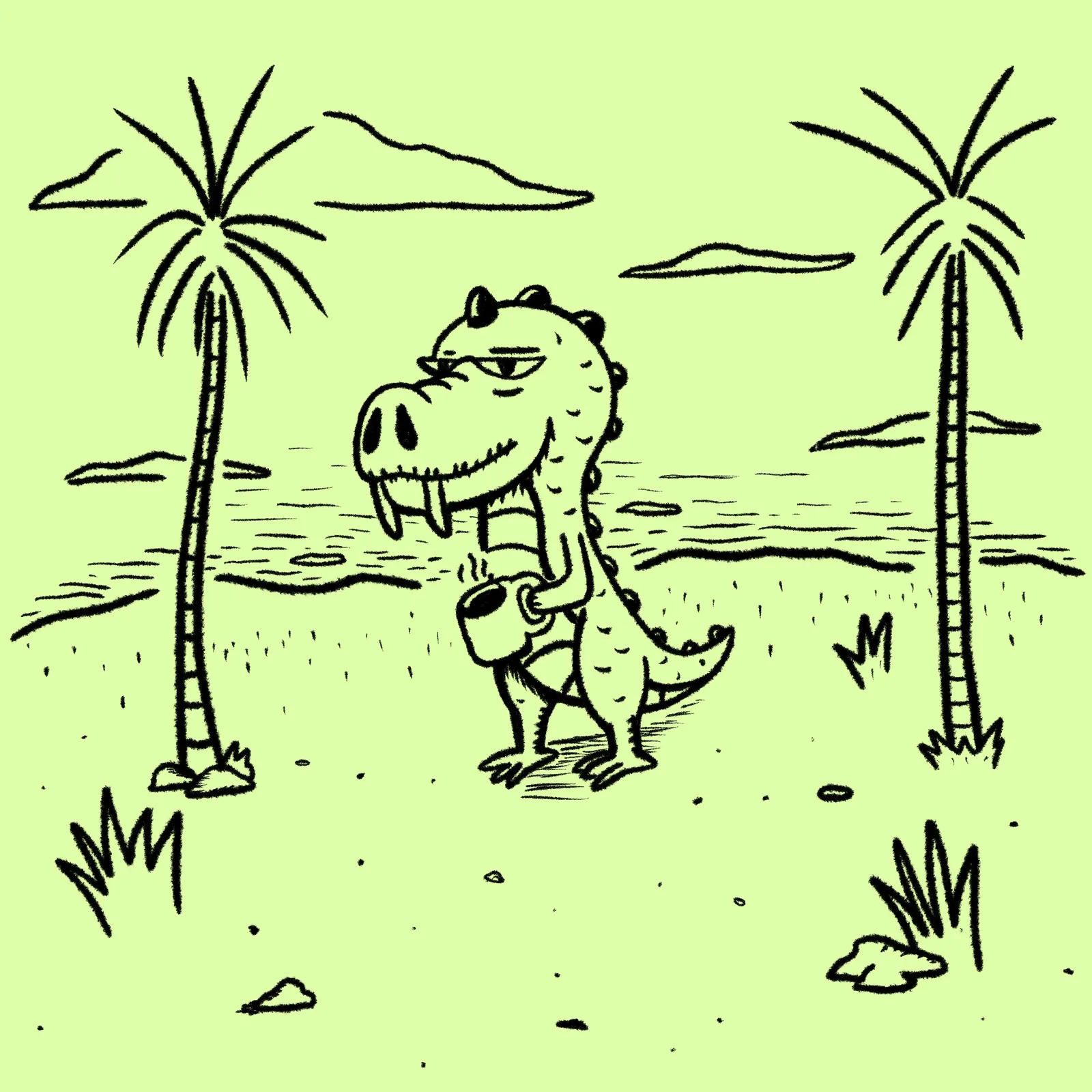 A black line drawing on light green paper depicts a cartoon dinosaur holding a cup while standing on a beach framed by two palm trees and a body of water.