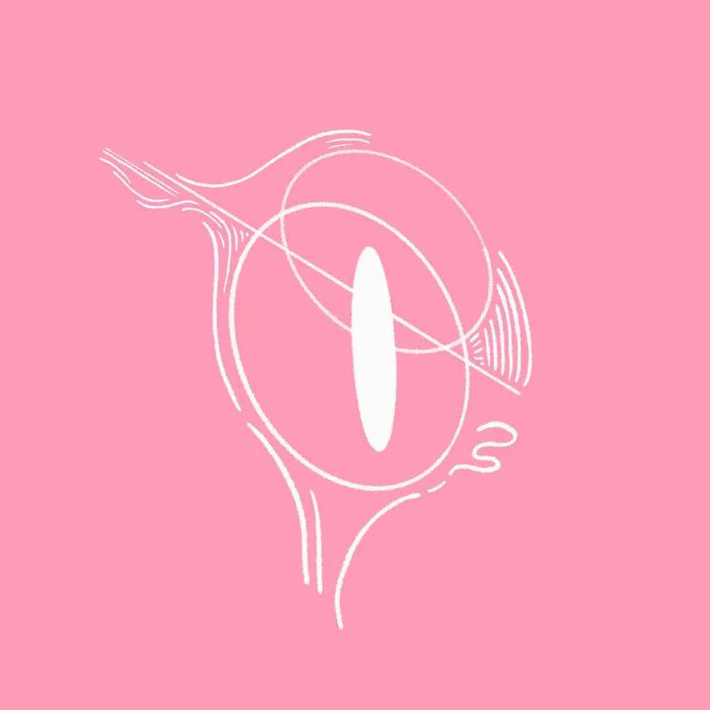 White line art of a stylized human eye on a pink background, featuring curved lines for lashes and a prominent white oval pupil.