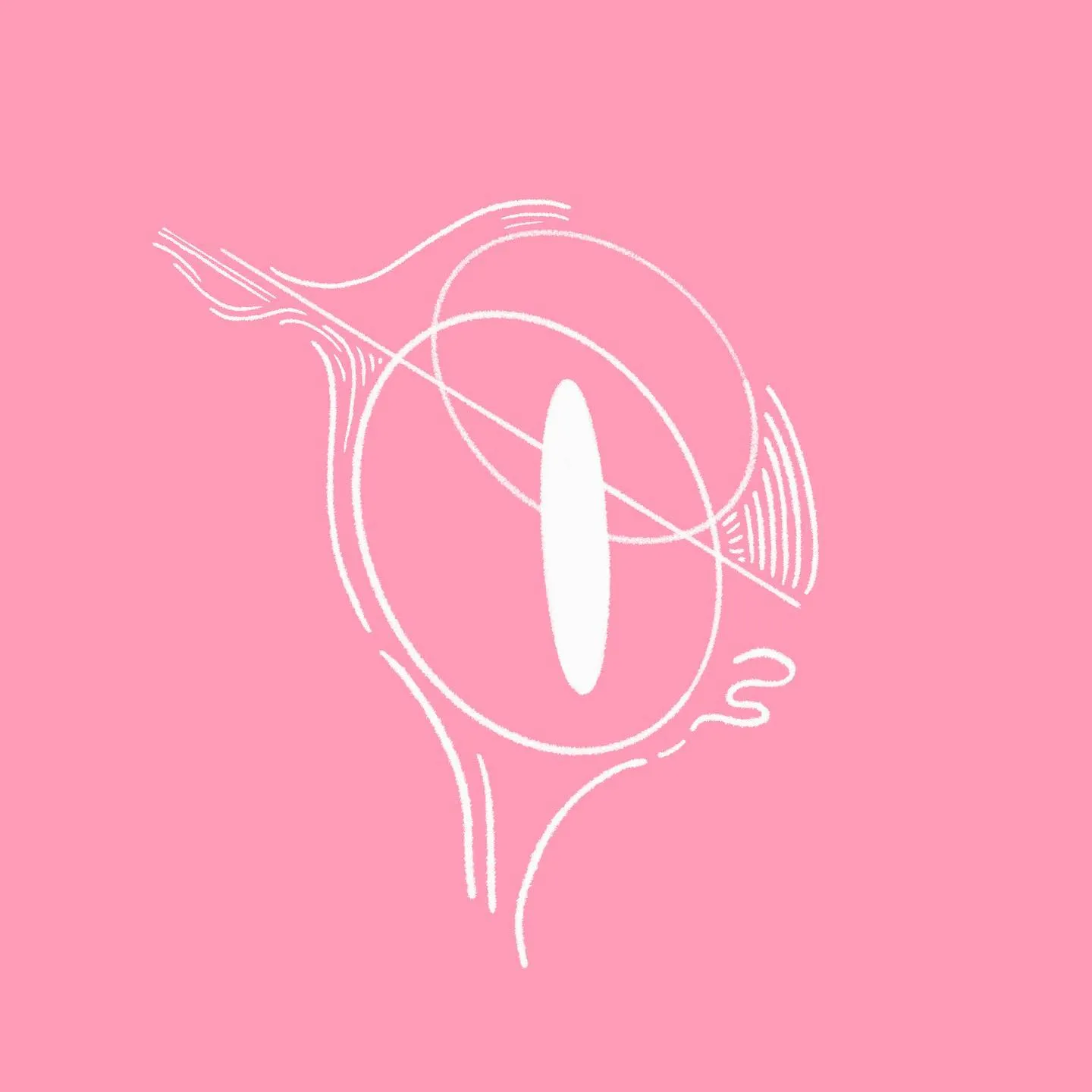 White line art of a stylized human eye on a pink background, featuring curved lines for lashes and a prominent white oval pupil.
