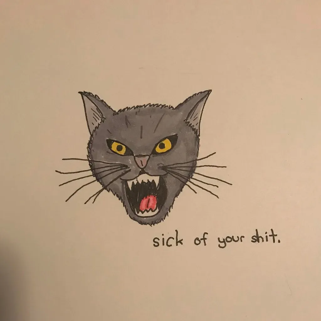 A drawing of a snarling gray cat with yellow eyes and bared teeth, accompanied by the handwritten text sick of your shit.