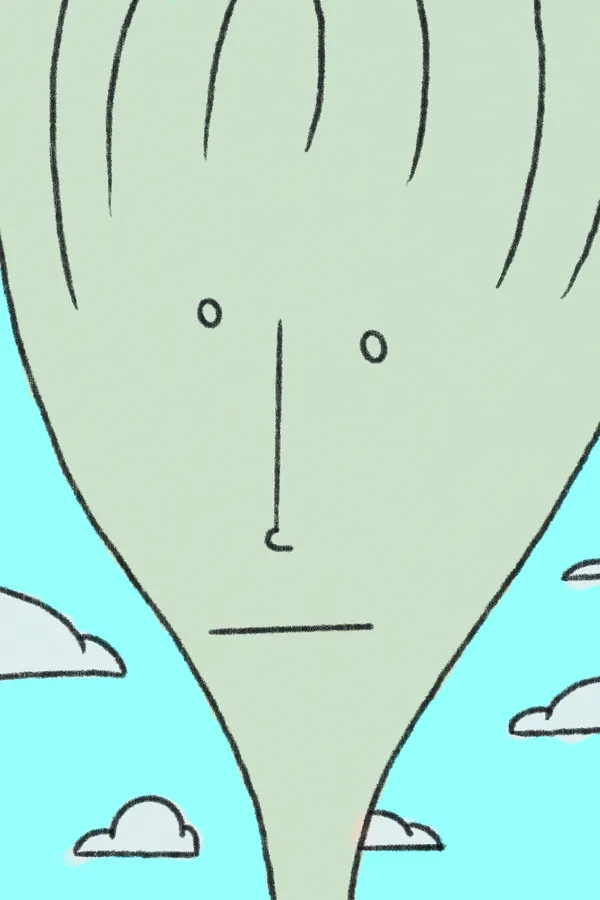 A stylized, pale sage green face with simple features and curved black lines is set against a light blue background containing several puffy white clouds.