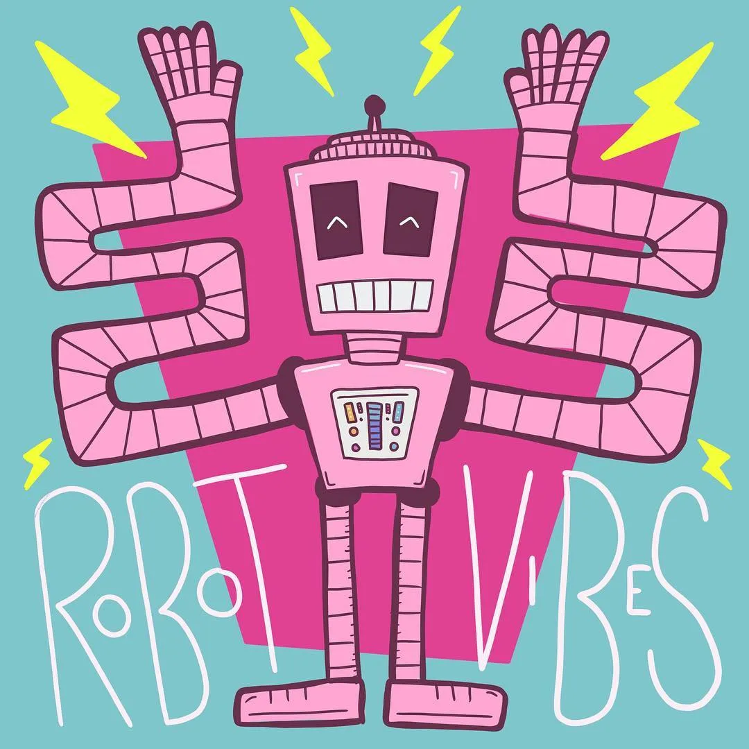 A cartoon robot in bright pink stands against a teal background, flanked by large, zigzagging arms and yellow lightning bolts, with white lettering spelling ROBOT below.