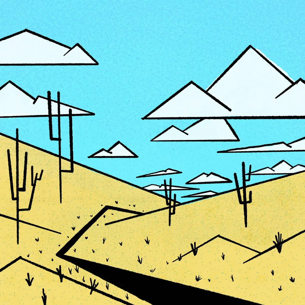 The composition shows a stylized desert landscape with yellow ground, black outlines, and saguaro cacti set against large white mountains and a light blue sky.